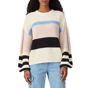 Sanctuary Sweater Cream Striped Pullover Crewneck Balloon Sleeve Size SP